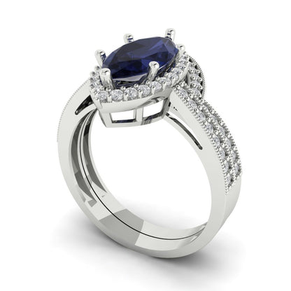 2.4875 cttw Marquise Cut Simulated Blue Sapphire Bridal Set - Solid White Gold Engagement Ring & Wedding Band