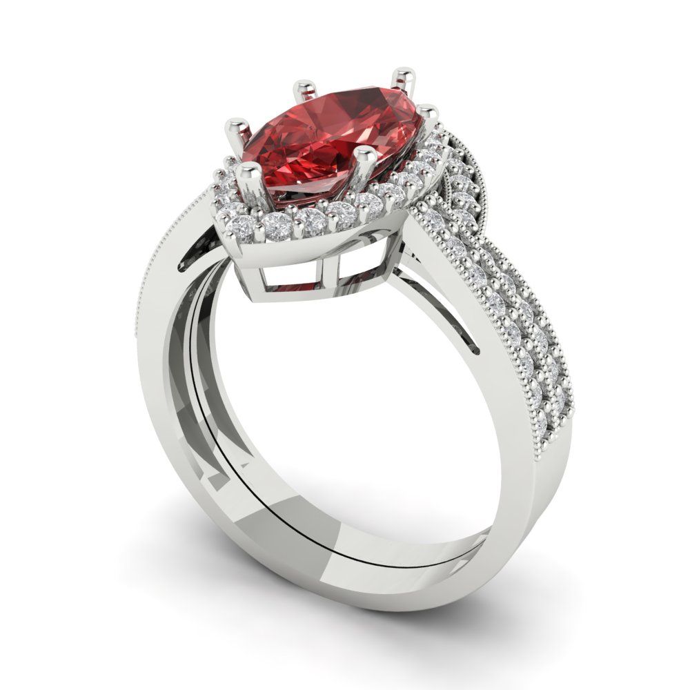 2.4875 cttw Marquise Cut Natural Garnet Bridal Set - Solid White Gold Engagement Ring & Wedding Band
