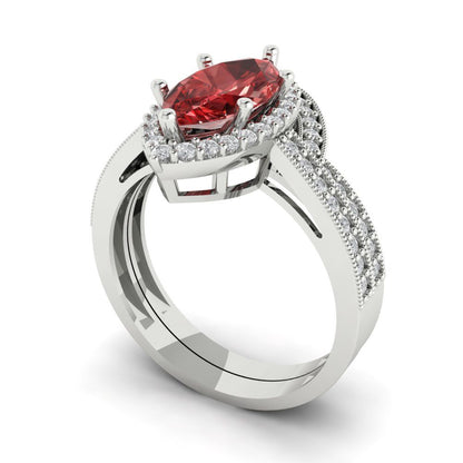2.4875 cttw Marquise Cut Natural Garnet Bridal Set - Solid White Gold Engagement Ring & Wedding Band