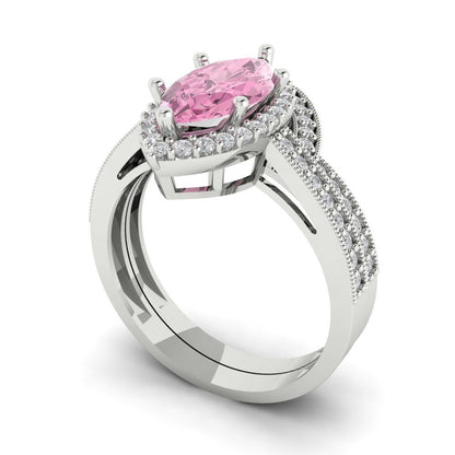 2.4875 cttw Marquise Cut Simulated Pink Diamond Bridal Set - Solid White Gold Engagement Ring & Wedding Band