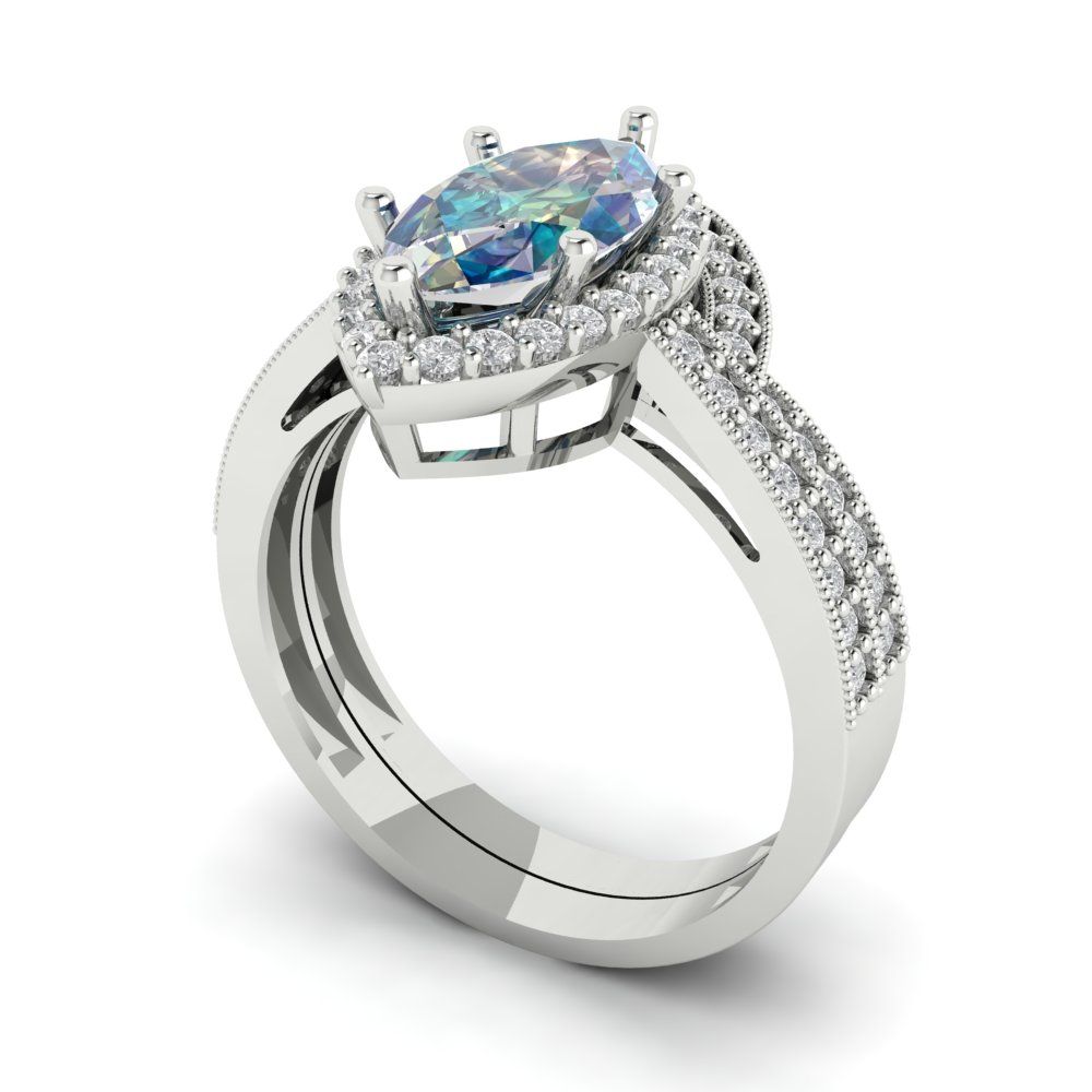 2.4875 cttw Marquise Cut Blue Moissanite Bridal Set - Solid White Gold Engagement Ring & Wedding Band