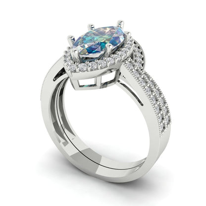 2.4875 cttw Marquise Cut Blue Moissanite Bridal Set - Solid White Gold Engagement Ring & Wedding Band