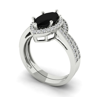 2.4875 cttw Marquise Cut Natural Onyx Bridal Set - Solid White Gold Engagement Ring & Wedding Band