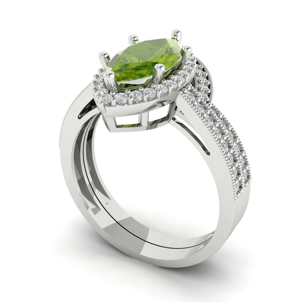 2.4875 cttw Marquise Cut Natural Peridot Bridal Set - Solid White Gold Engagement Ring & Wedding Band
