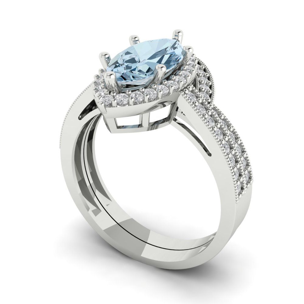 2.4875 cttw Marquise Cut Natural Aquamarine Bridal Set - Solid White Gold Engagement Ring & Wedding Band