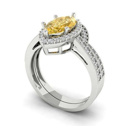 2.4875 cttw Marquise Cut Simulated Yellow Diamond Bridal Set - Solid White Gold Engagement Ring & Wedding Band