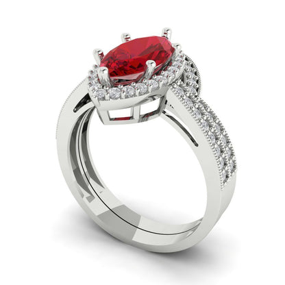 2.4875 cttw Marquise Cut Simulated Ruby Bridal Set - Solid White Gold Engagement Ring & Wedding Band