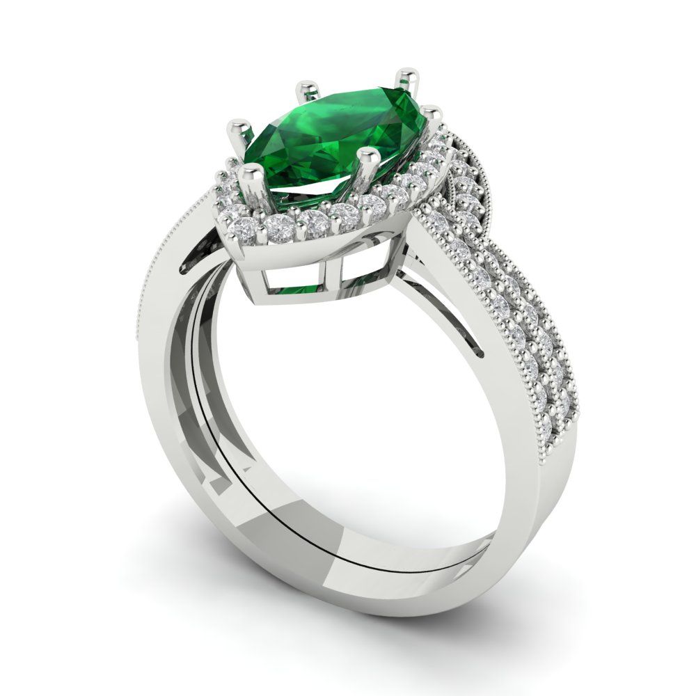 2.4875 cttw Marquise Cut Simulated Emerald Bridal Set - Solid White Gold Engagement Ring & Wedding Band