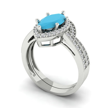2.4875 cttw Marquise Cut Simulated Turquoise Bridal Set - Solid White Gold Engagement Ring & Wedding Band