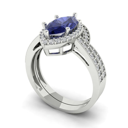 2.4875 cttw Marquise Cut Simulated Tanzanite Bridal Set - Solid White Gold Engagement Ring & Wedding Band