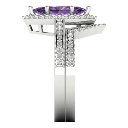 2.4875 cttw Marquise Cut Simulated Alexandrite Bridal Set - Solid White Gold Engagement Ring & Wedding Band