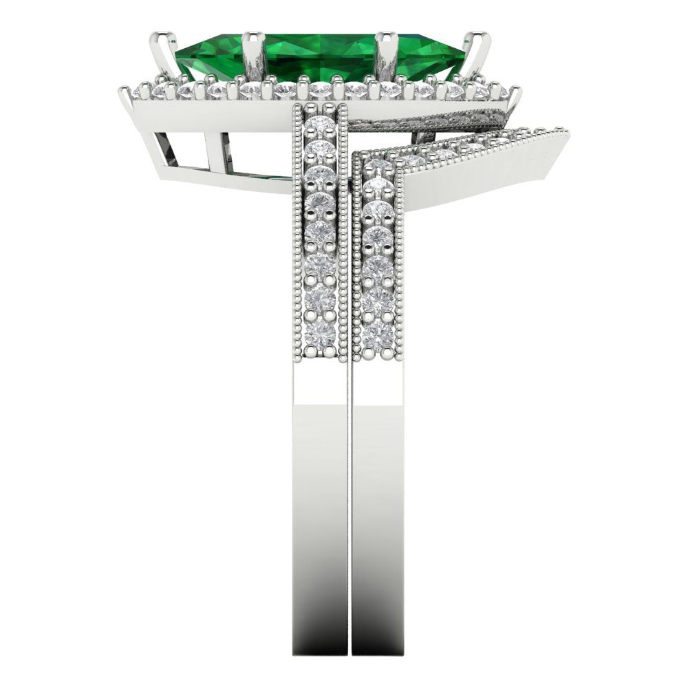 2.4875 cttw Marquise Cut Simulated Emerald Bridal Set - Solid White Gold Engagement Ring & Wedding Band