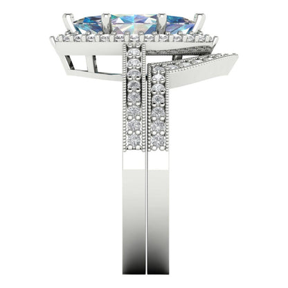 2.4875 cttw Marquise Cut Blue Moissanite Bridal Set - Solid White Gold Engagement Ring & Wedding Band