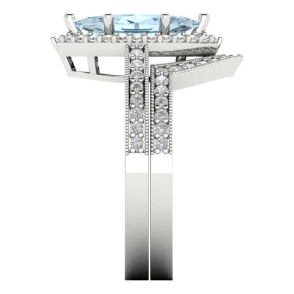 2.4875 cttw Marquise Cut Natural Aquamarine Bridal Set - Solid White Gold Engagement Ring & Wedding Band
