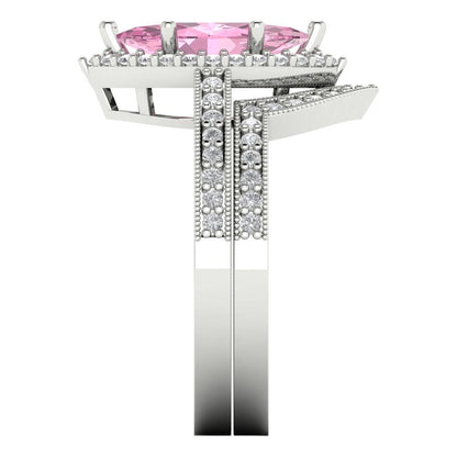 2.4875 cttw Marquise Cut Simulated Pink Diamond Bridal Set - Solid White Gold Engagement Ring & Wedding Band
