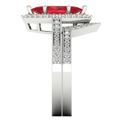 2.4875 cttw Marquise Cut Simulated Ruby Bridal Set - Solid White Gold Engagement Ring & Wedding Band