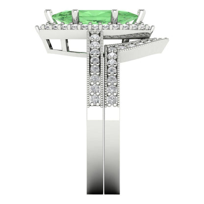 2.4875 cttw Marquise Cut Simulated Green Diamond Bridal Set - Solid White Gold Engagement Ring & Wedding Band