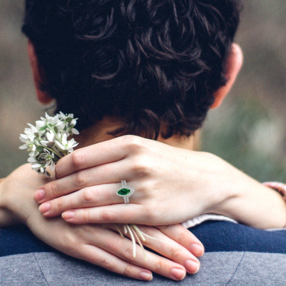 2.4875 cttw Marquise Cut Simulated Emerald Bridal Set - Solid White Gold Engagement Ring & Wedding Band