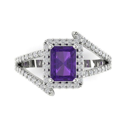 1.935 cttw Natural Amethyst Hidden Halo Engagement Ring - Solid White Gold (VVS1, Emerald Cut,7.5x5.5mm)