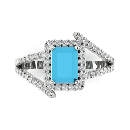 1.935 cttw Simulated Turquoise Hidden Halo Engagement Ring - Solid Gold (Emerald Cut,7.5x5.5mm)