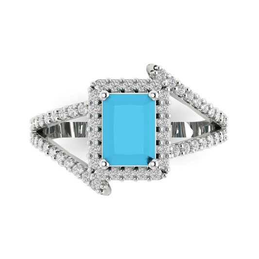1.935 cttw Simulated Turquoise Hidden Halo Engagement Ring - Solid White Gold (VVS1, Emerald Cut,7.5x5.5mm)