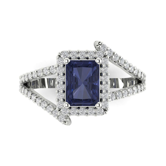 1.935 cttw Simulated Blue Sapphire Hidden Halo Engagement Ring - Solid White Gold (VVS1, Emerald Cut,7.5x5.5mm)