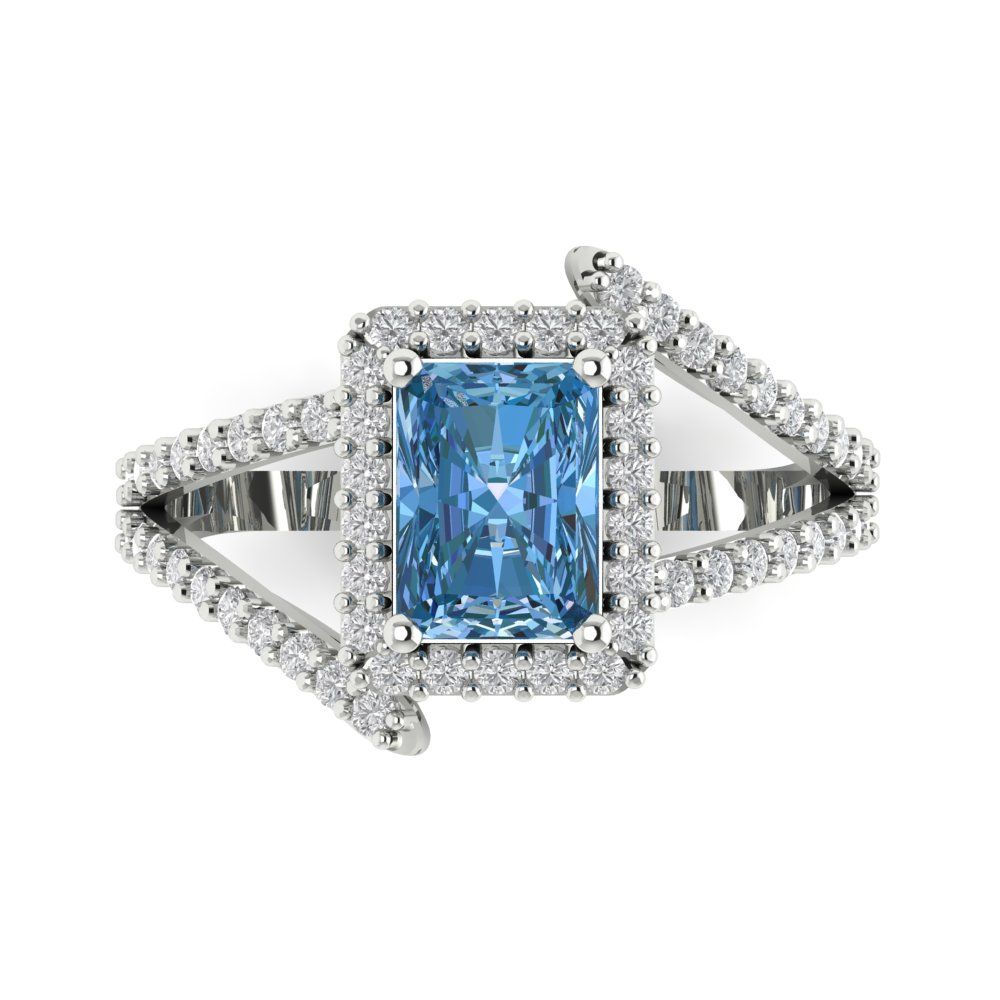 1.935 cttw Zirconia Simulated Blue Diamond Hidden Halo Engagement Ring - Solid Gold (VVS1, Emerald Cut,7.5x5.5mm)