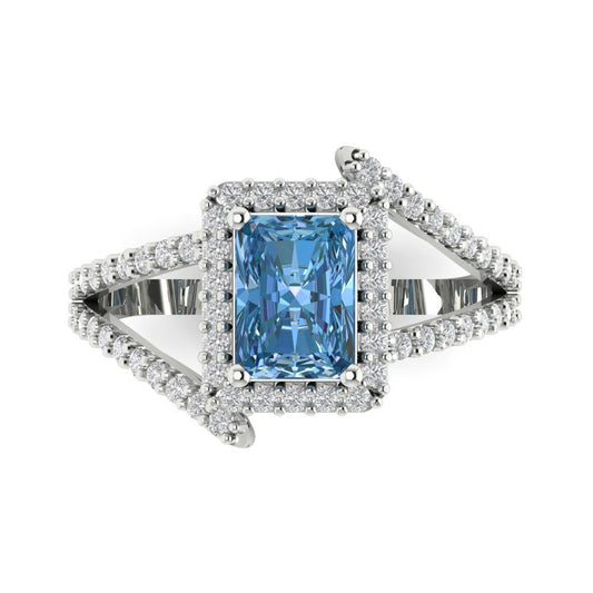1.935 cttw Zirconia Simulated Blue Diamond Hidden Halo Engagement Ring - Solid White Gold (VVS1, Emerald Cut,7.5x5.5mm)