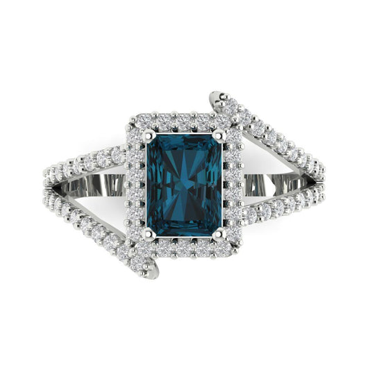 1.935 cttw Natural London Blue Topaz Hidden Halo Engagement Ring - Solid White Gold (VVS1, Emerald Cut,7.5x5.5mm)