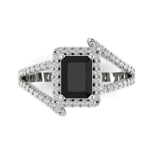 1.935 cttw Natural Onyx Hidden Halo Engagement Ring - Solid White Gold (VVS1, Emerald Cut,7.5x5.5mm)