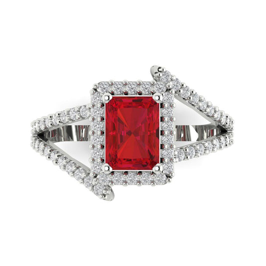 1.935 cttw Simulated Ruby Hidden Halo Engagement Ring - Solid White Gold (VVS1, Emerald Cut,7.5x5.5mm)