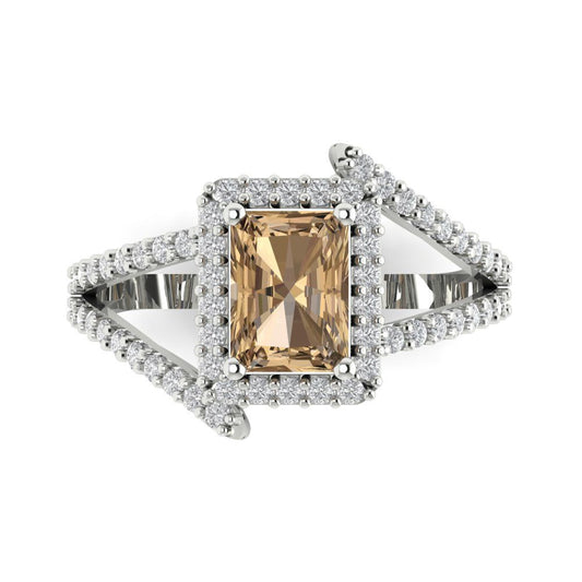 1.935 cttw Zirconia Simulated Champagne Diamond Hidden Halo Engagement Ring - Solid White Gold (VVS1, Emerald Cut,7.5x5.5mm)