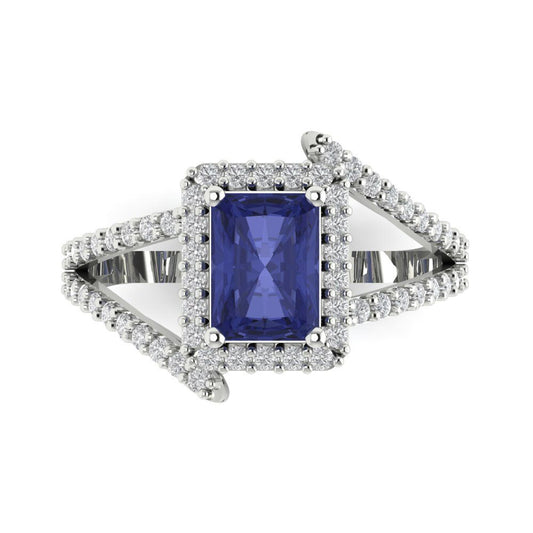 1.935 cttw Simulated Tanzanite Hidden Halo Engagement Ring - Solid White Gold (VVS1, Emerald Cut,7.5x5.5mm)