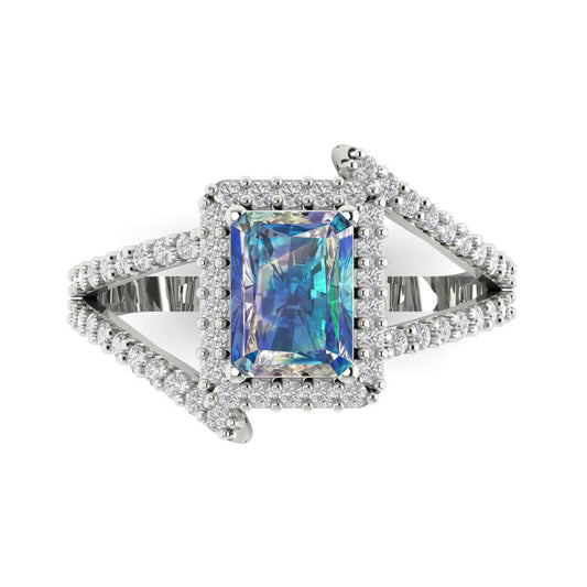 1.935 cttw Blue Moissanite Hidden Halo Engagement Ring - Solid White Gold (VVS1, Emerald Cut,7.5x5.5mm)