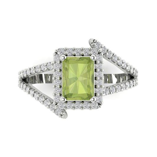 1.935 cttw Natural Peridot Hidden Halo Engagement Ring - Solid White Gold (VVS1, Emerald Cut,7.5x5.5mm)