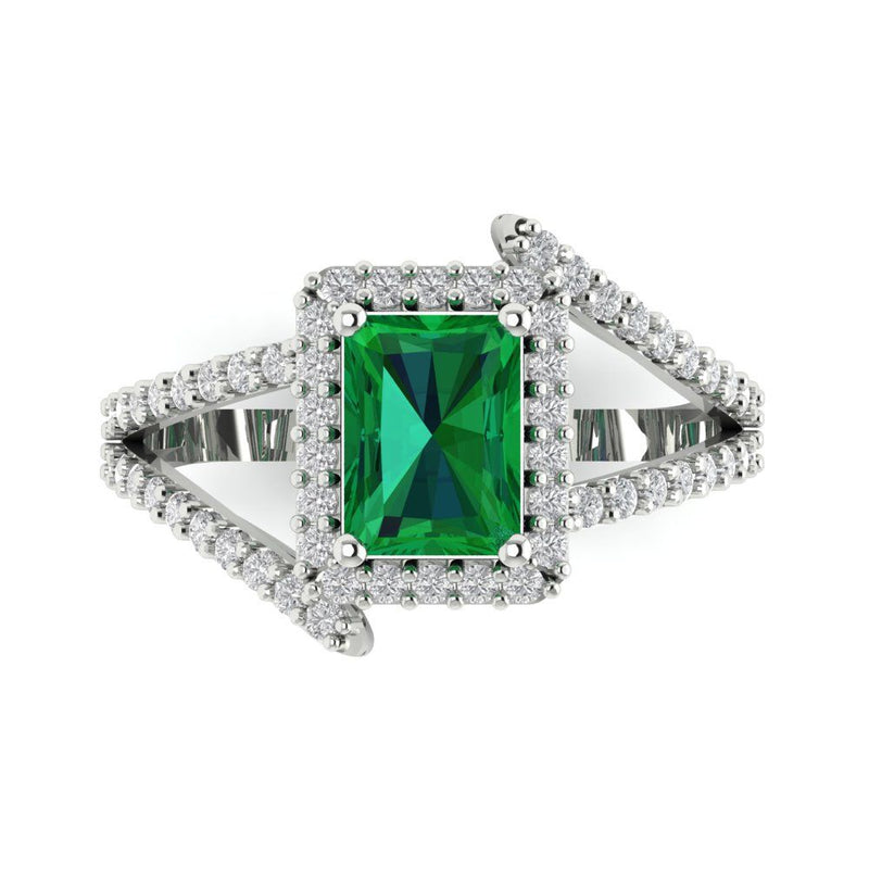 2.1 ct Brilliant Emerald Cut Simulated Emerald Stone White Gold Halo Solitaire with Accents Ring