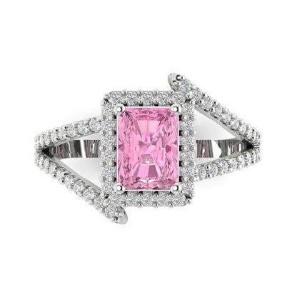 1.935 cttw Zirconia Simulated Pink Diamond Hidden Halo Engagement Ring - Solid Gold (VVS1, Emerald Cut,7.5x5.5mm)