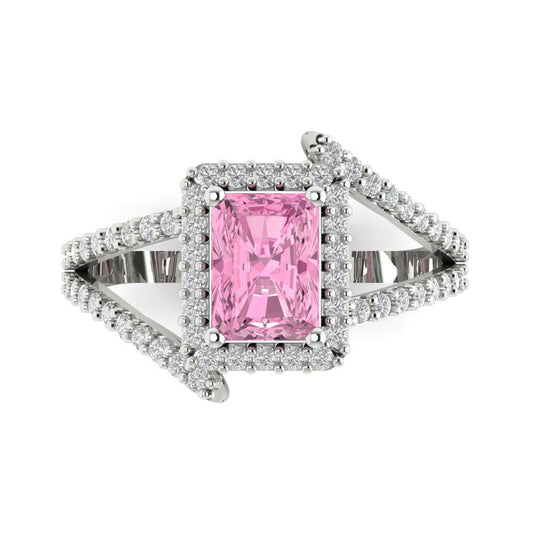 1.935 cttw Zirconia Simulated Pink Diamond Hidden Halo Engagement Ring - Solid White Gold (VVS1, Emerald Cut,7.5x5.5mm)