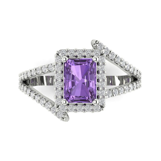 1.935 cttw Simulated Alexandrite Hidden Halo Engagement Ring - Solid White Gold (VVS1, Emerald Cut,7.5x5.5mm)