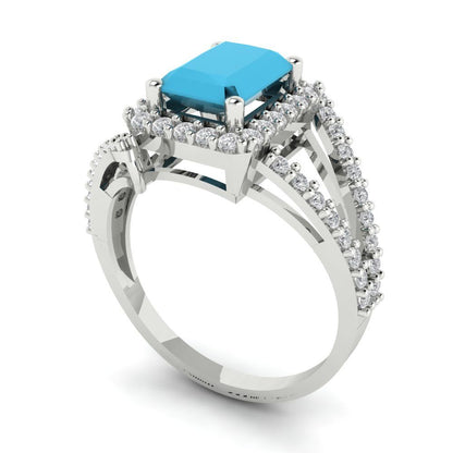 1.935 cttw Simulated Turquoise Hidden Halo Engagement Ring - Solid Gold (Emerald Cut,7.5x5.5mm)