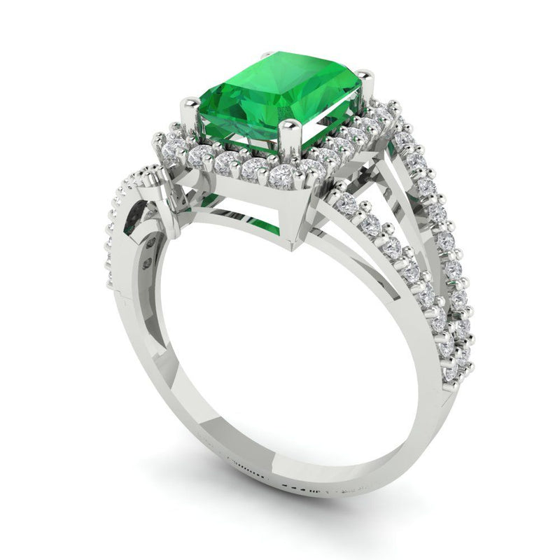 2.1 ct Brilliant Emerald Cut Simulated Emerald Stone White Gold Halo Solitaire with Accents Ring