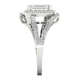 2.1 ct Brilliant Emerald Cut Clear Simulated Diamond Stone White Gold Halo Solitaire with Accents Ring