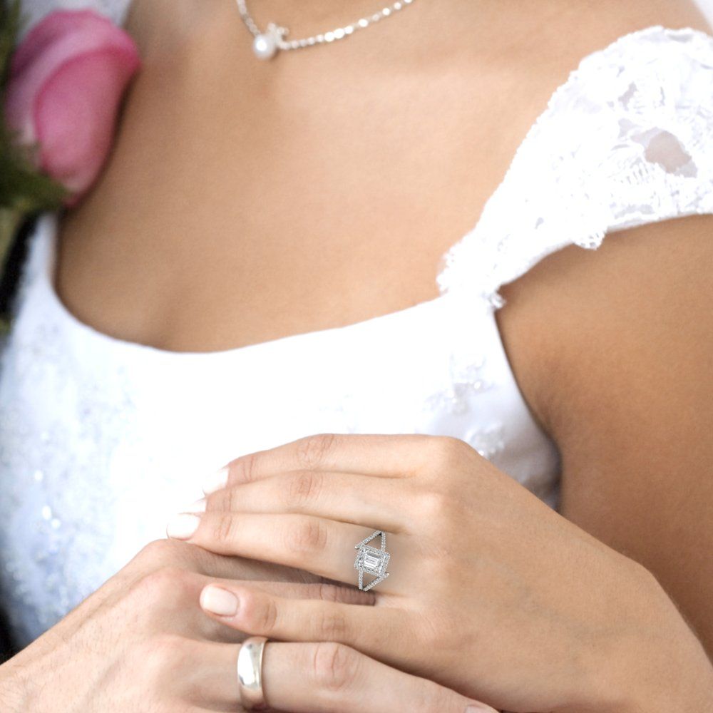 1.935 cttw Certified Moissanite Hidden Halo Engagement Ring - Solid Gold (VVS1, D-F,Emerald Cut,7.5x5.5mm)