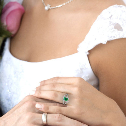 1.935 cttw Simulated Emerald Hidden Halo Engagement Ring - Solid Gold (Emerald Cut,7.5x5.5mm)