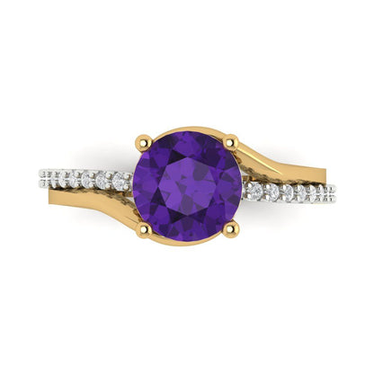 1.71 cttw Natural Amethyst Solitaire with Zirconia Simulated Diamond Accents Engagement Ring - Solid White/Yellow Gold (VVS1, Round Cut,7.5mm)