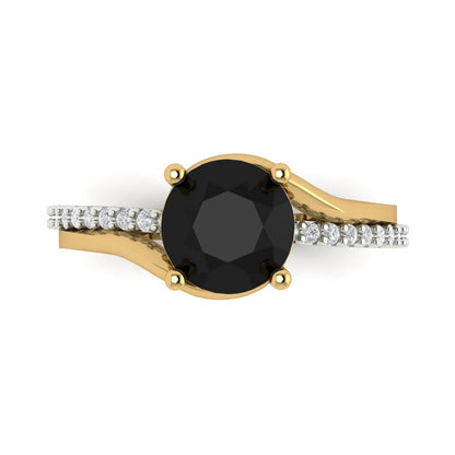 1.71 cttw Natural Onyx Solitaire with Zirconia Simulated Diamond Accents Engagement Ring - Solid White/Yellow Gold (VVS1, Round Cut,7.5mm)