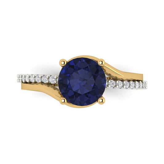 1.71 cttw Simulated Blue Sapphire Solitaire with Zirconia Simulated Diamond Accents Engagement Ring - Solid White/Yellow Gold (VVS1, Round Cut,7.5mm)