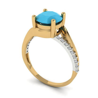 1.71 cttw Simulated Turquoise Solitaire with Zirconia Simulated Diamond Accents Engagement Ring - Solid White/Yellow Gold (VVS1, Round Cut,7.5mm)