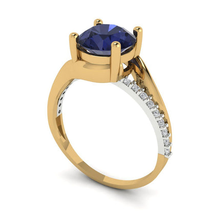 1.71 cttw Simulated Blue Sapphire Solitaire with Zirconia Simulated Diamond Accents Engagement Ring - Solid White/Yellow Gold (VVS1, Round Cut,7.5mm)