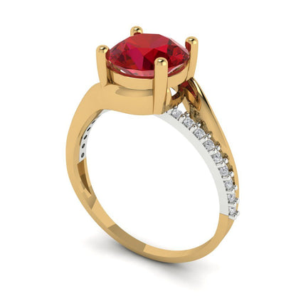 1.71 cttw Simulated Ruby Solitaire with Zirconia Simulated Diamond Accents Engagement Ring - Solid White/Yellow Gold (VVS1, Round Cut,7.5mm)